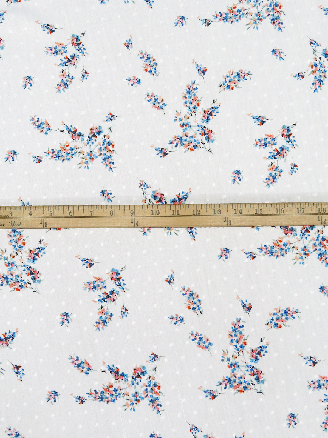 Pure White/Peach Pink/Cobalt Blue/Multi 100% Rayon Floral Print Swiss Dot Crinkle Challis 54W