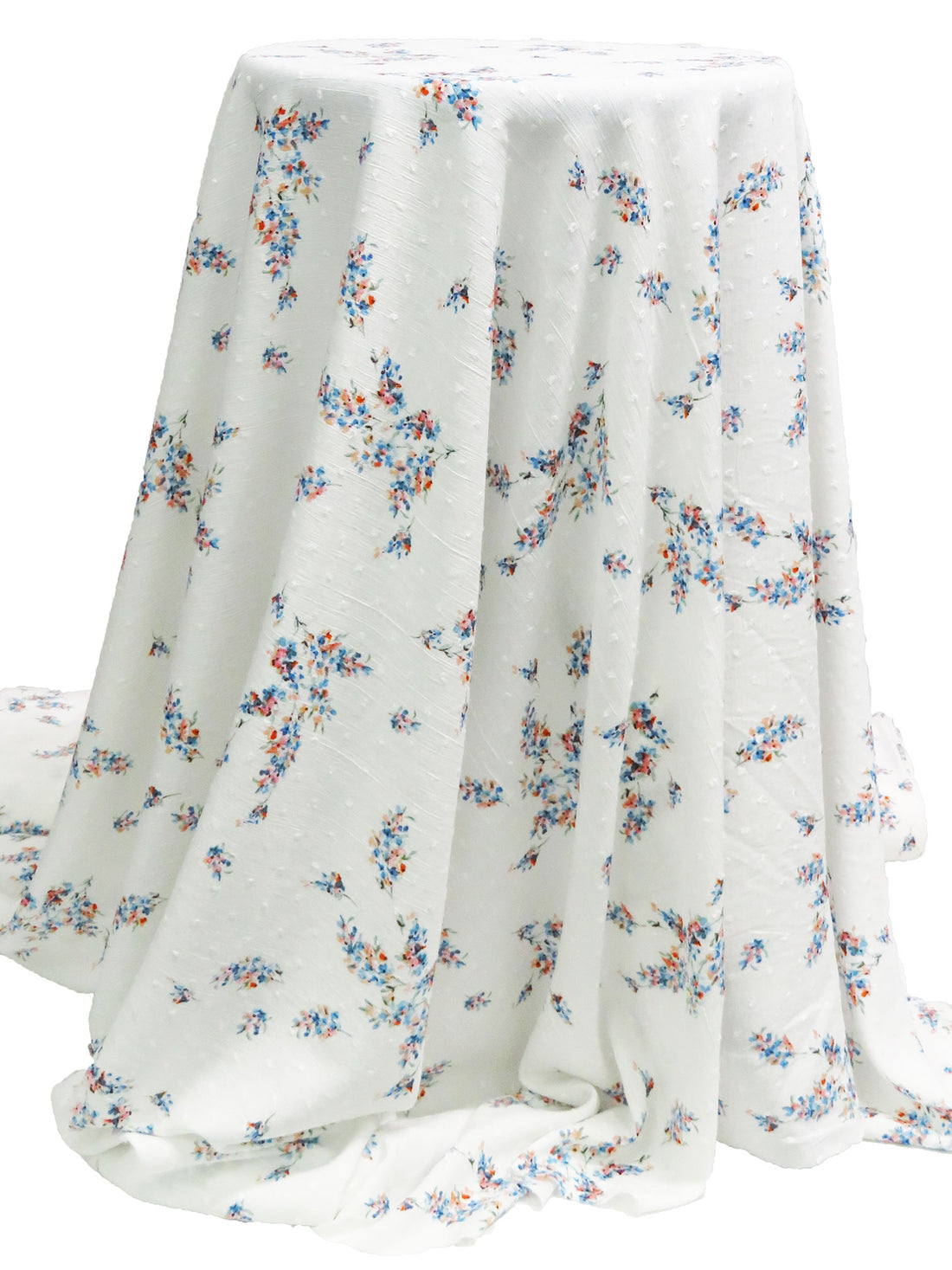 Pure White/Peach Pink/Cobalt Blue/Multi 100% Rayon Floral Print Swiss Dot Crinkle Challis 54W