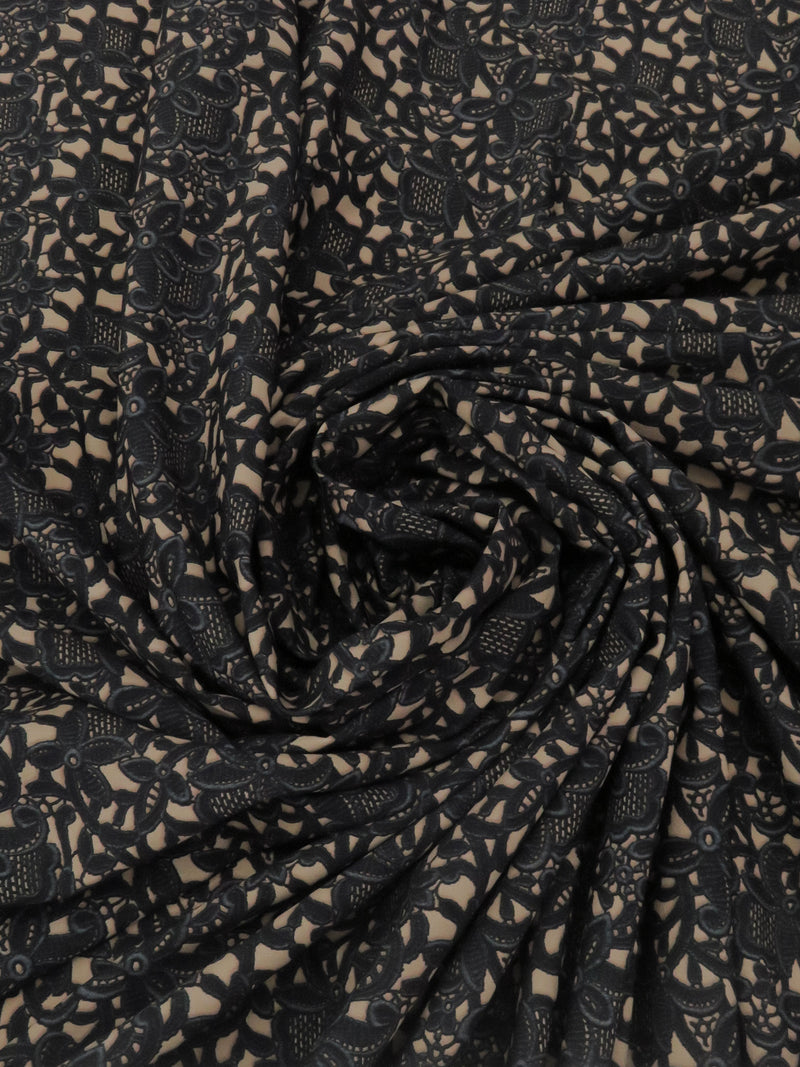 Black/Light Taupe/Coal Polyester/Lycra Floral Lace-Look Print 4 Way Stretch Knit 52W