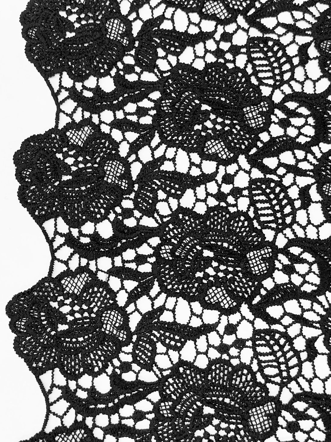 Black 100% Polyester Double Scalloped Border Ornate Floral Guipure Lace - Famous Dress Designer - 48W