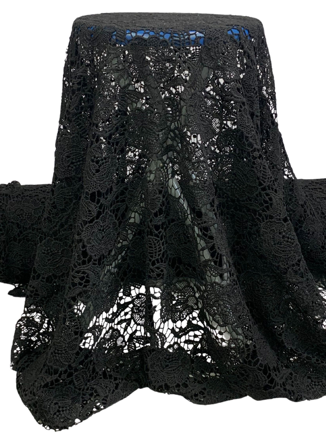 Black 100% Polyester Double Scalloped Border Ornate Floral Guipure Lace - Famous Dress Designer - 48W