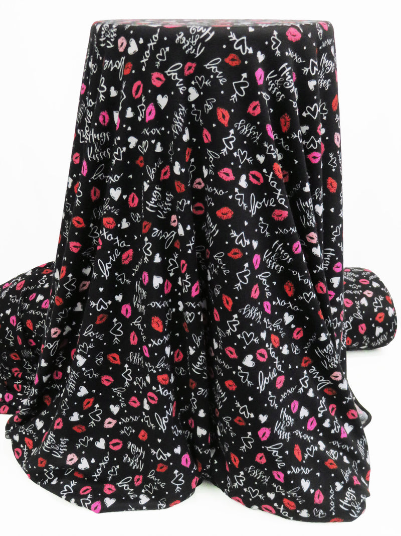 Black/White/Hot Fuchsia/Crimson Polyester/Lycra Hugs And Kisses Print Brushed Sweater Knit 54W