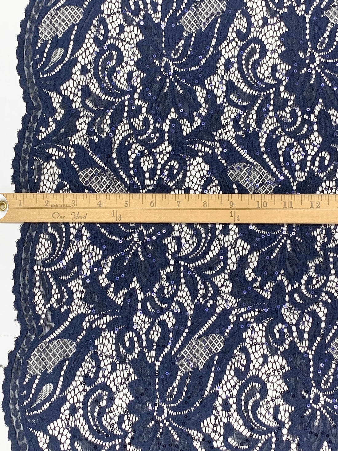 Navy Nylon/Lycra Double Scalloped Border Floral & Mini Sequin Stretch Lace - Famous Dress Designer - 56W