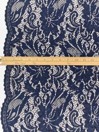 Navy Nylon/Lycra Double Scalloped Border Floral & Mini Sequin Stretch Lace - Famous Dress Designer - 56W