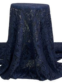 Navy Nylon/Lycra Double Scalloped Border Floral & Mini Sequin Stretch Lace - Famous Dress Designer - 56W