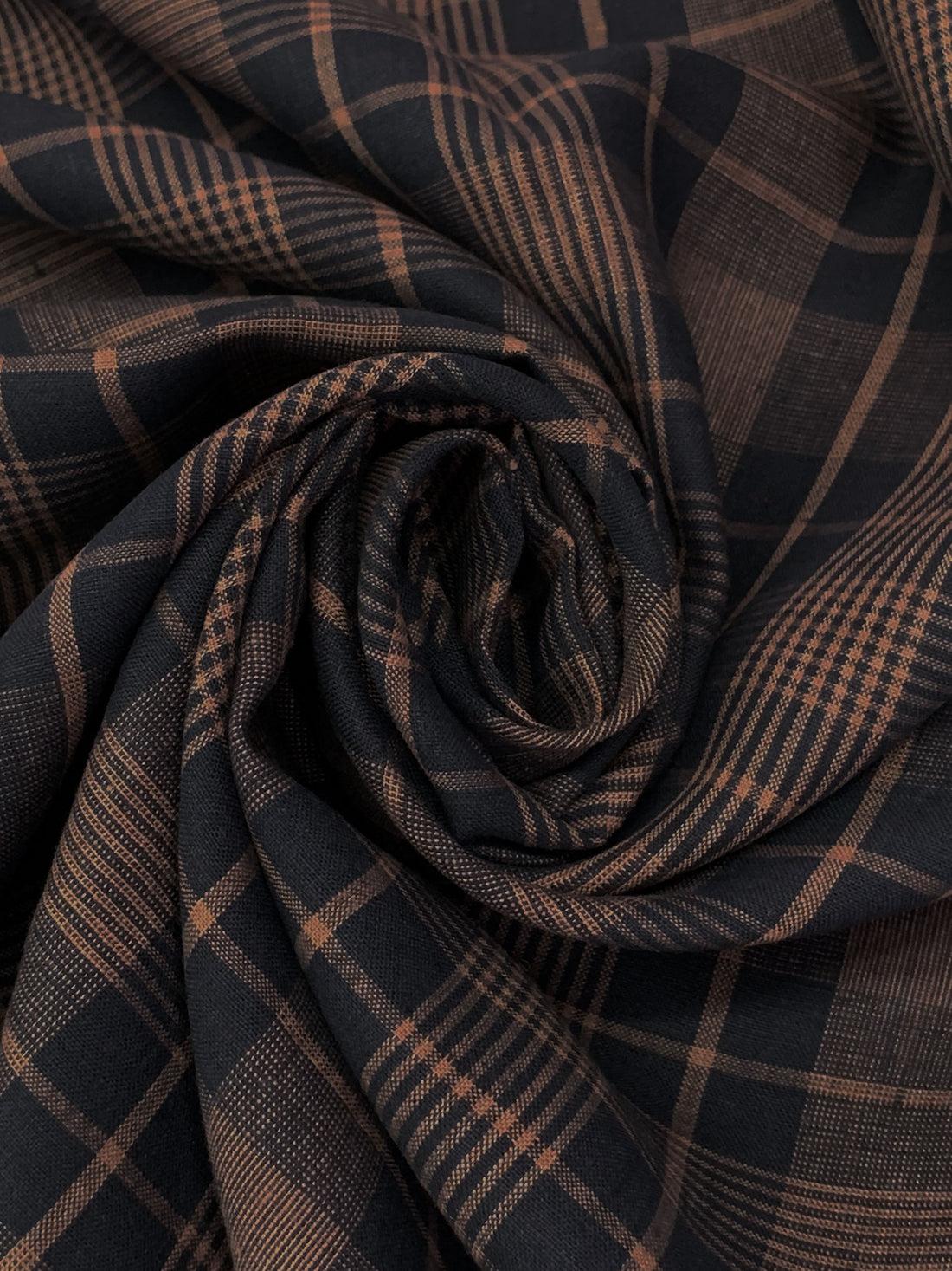 Muted Midnight Navy/Pale Brown 100% Linen Yarn-Dyed Plaid Shirt Weight Woven 58W