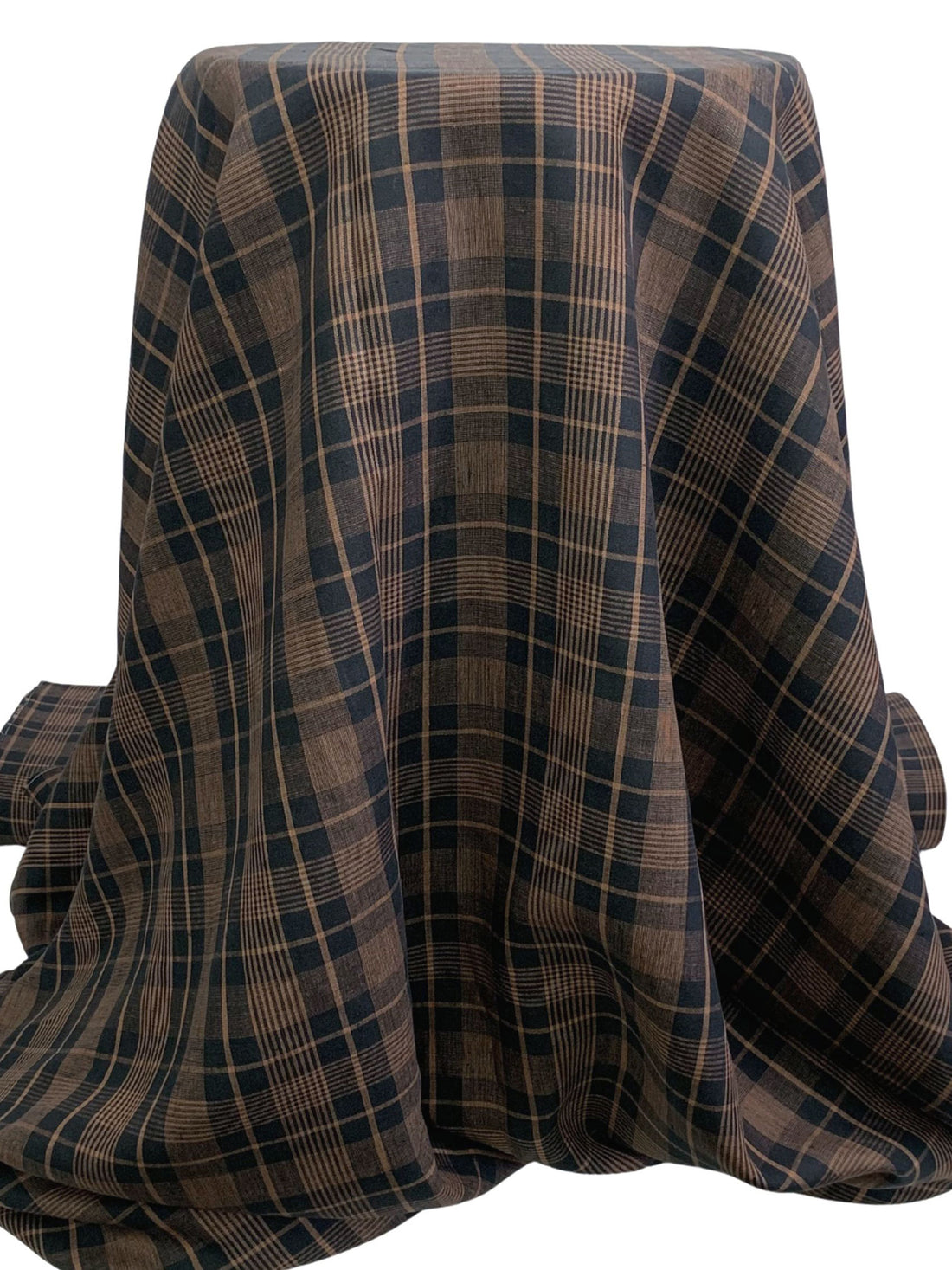 Muted Midnight Navy/Pale Brown 100% Linen Yarn-Dyed Plaid Shirt Weight Woven 58W