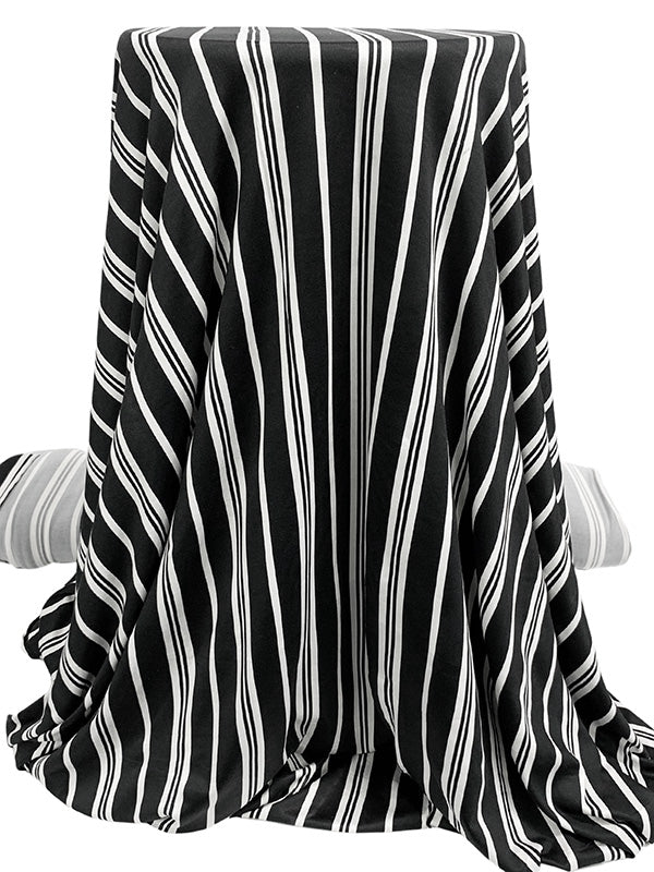 Soft Black/White Polyester/Lycra Vertical Stripe Print DTY Knit - NY Designer - 63W