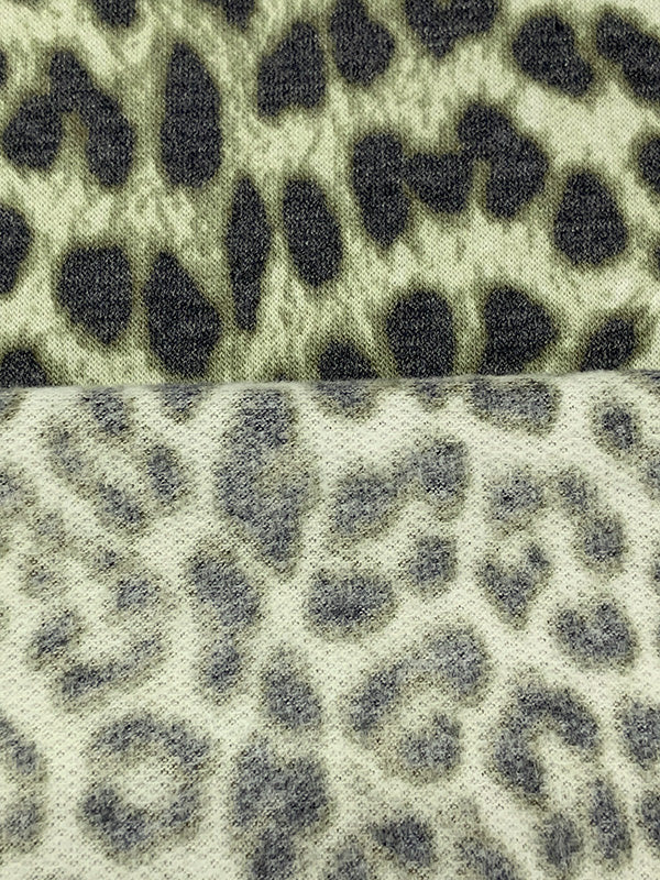 Dark Charcoal/Dark Moss Green/Off-White 100% Polyester Animal Print Brushed French Terry Knit 58W