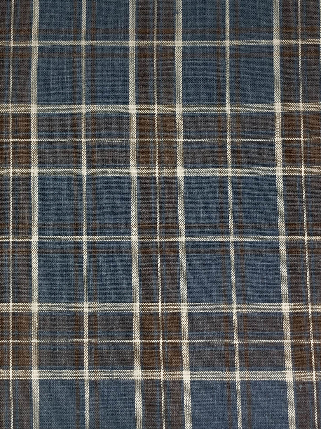 Independence Blue/Royal Brown/Off-White 100% Linen Yarn-Dyed Plaid Shirt Weight Woven - European Mill - 58W