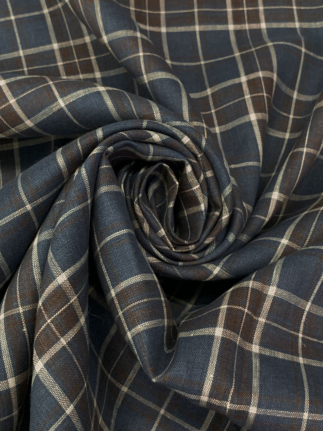 Independence Blue/Royal Brown/Off-White 100% Linen Yarn-Dyed Plaid Shirt Weight Woven - European Mill - 58W