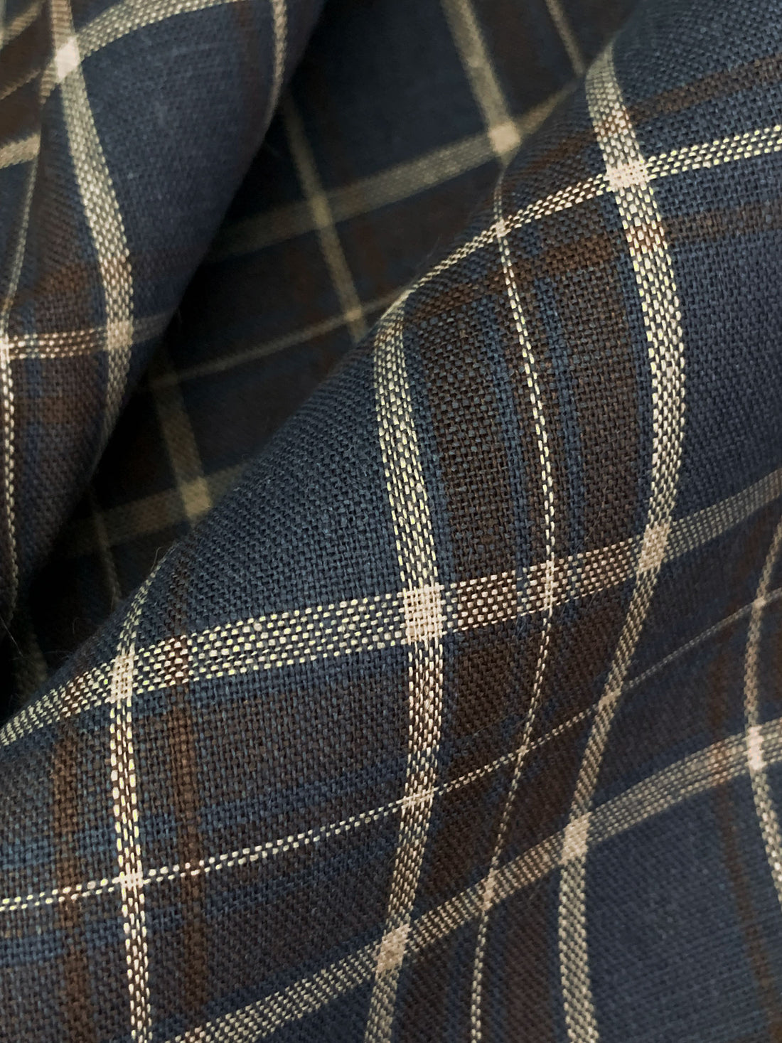 Independence Blue/Royal Brown/Off-White 100% Linen Yarn-Dyed Plaid Shirt Weight Woven - European Mill - 58W