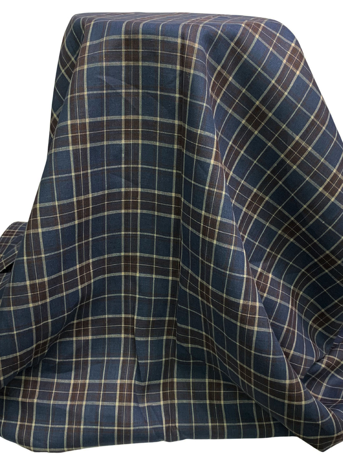 Independence Blue/Royal Brown/Off-White 100% Linen Yarn-Dyed Plaid Shirt Weight Woven - European Mill - 58W