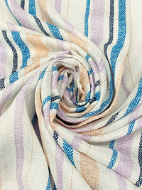 White Chocolate/Dusty Lilac/Cyan Cobalt Blue 100% Rayon Vertical Novelty Stripe Print Textured Ogee Jacquard Voile 56W