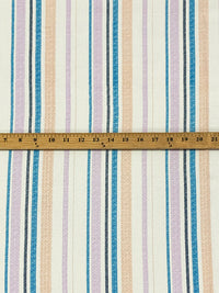 White Chocolate/Dusty Lilac/Cyan Cobalt Blue 100% Rayon Vertical Novelty Stripe Print Textured Ogee Jacquard Voile 56W