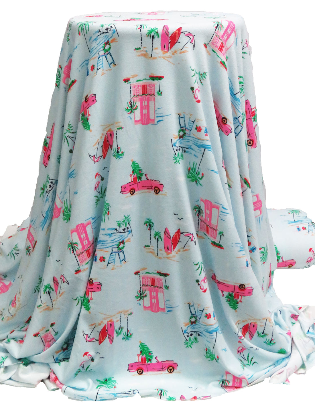 Baby Blue/ Bubblegum Pink/Vivid Red/Multi Polyester/Lycra Holiday At The Beach Print Brushed Sweater Knit 60W