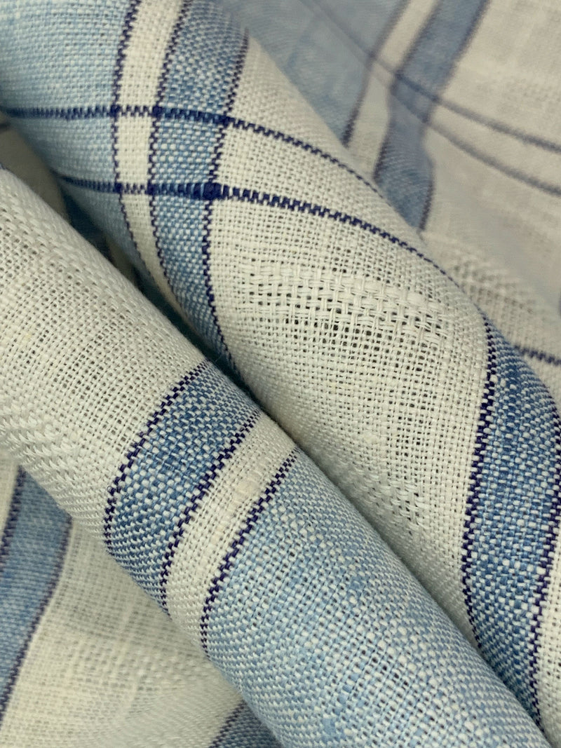 Light Steel Blue/Ivory/Independence Blue 100% Linen Novelty Weave Yarn-Dyed Plaid Midweight Woven - European Mill - 58W