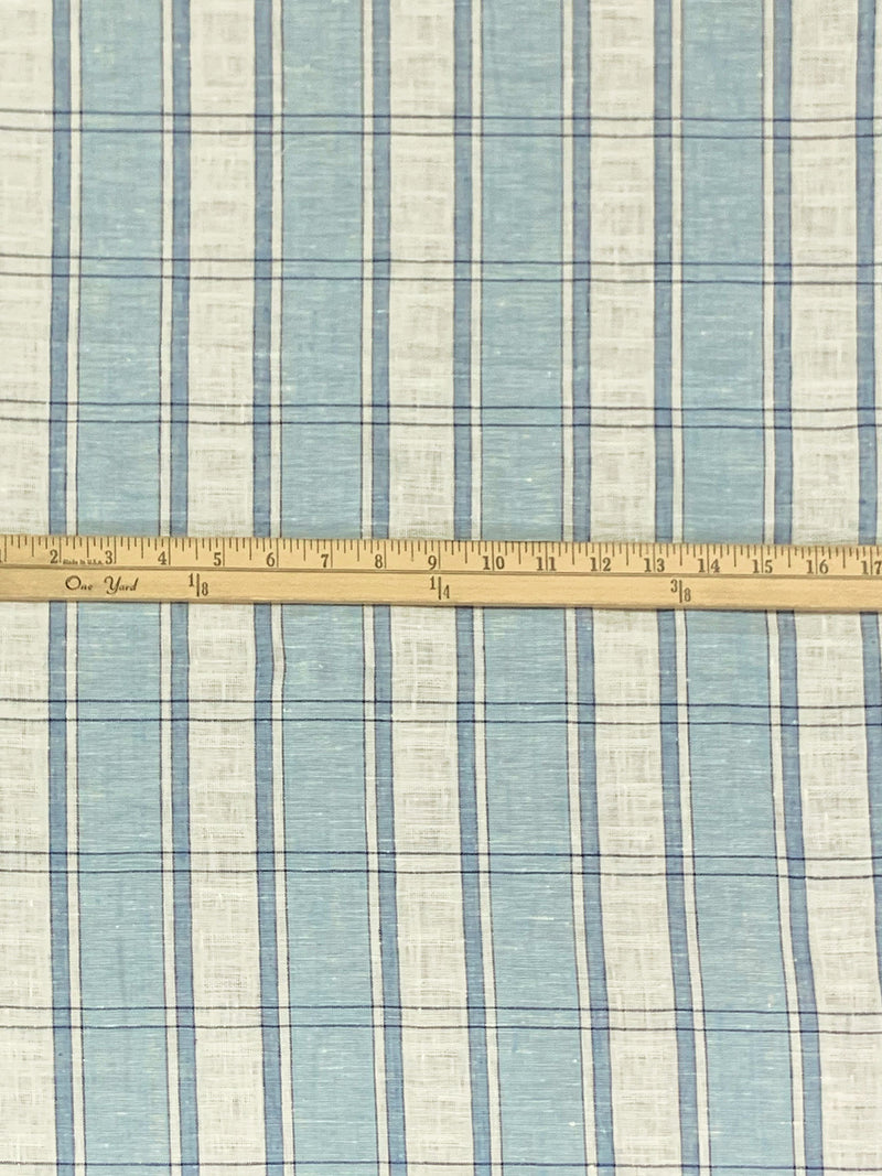 Light Steel Blue/Ivory/Independence Blue 100% Linen Novelty Weave Yarn-Dyed Plaid Midweight Woven - European Mill - 58W