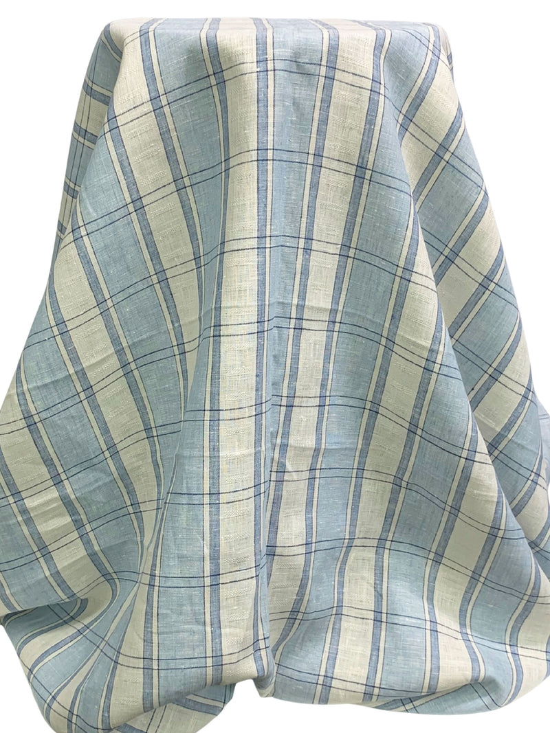 Light Steel Blue/Ivory/Independence Blue 100% Linen Novelty Weave Yarn-Dyed Plaid Midweight Woven - European Mill - 58W