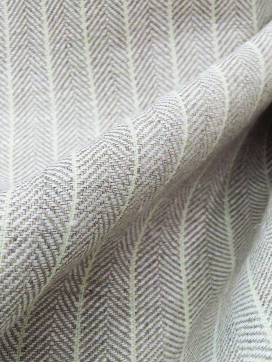 Taupe/Spring Green/Soft White 100% Linen Vertical Stripe Herringbone Weave Midweight Woven - European Mill - 59W