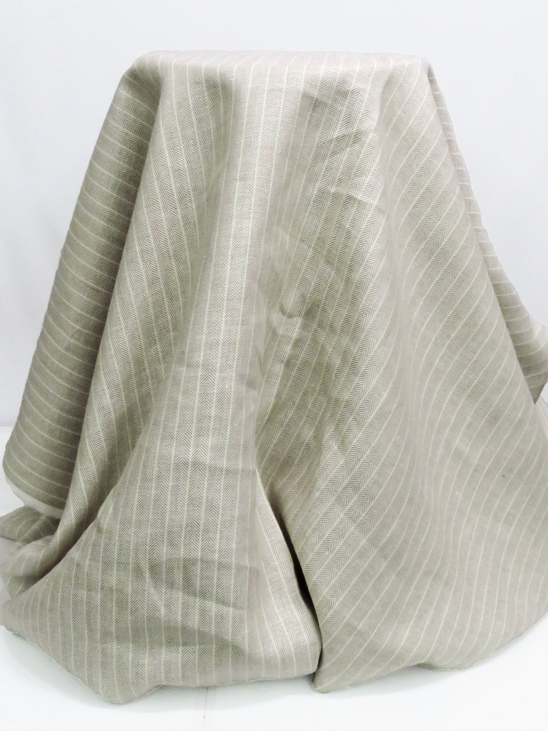 Taupe/Spring Green/Soft White 100% Linen Vertical Stripe Herringbone Weave Midweight Woven - European Mill - 59W