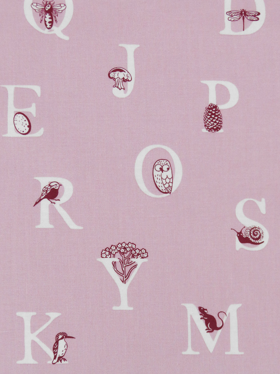 Dusty Orchid Pink/White/Claret 100% Cotton Nature Alphabet Print Quilt Weight Woven 44W