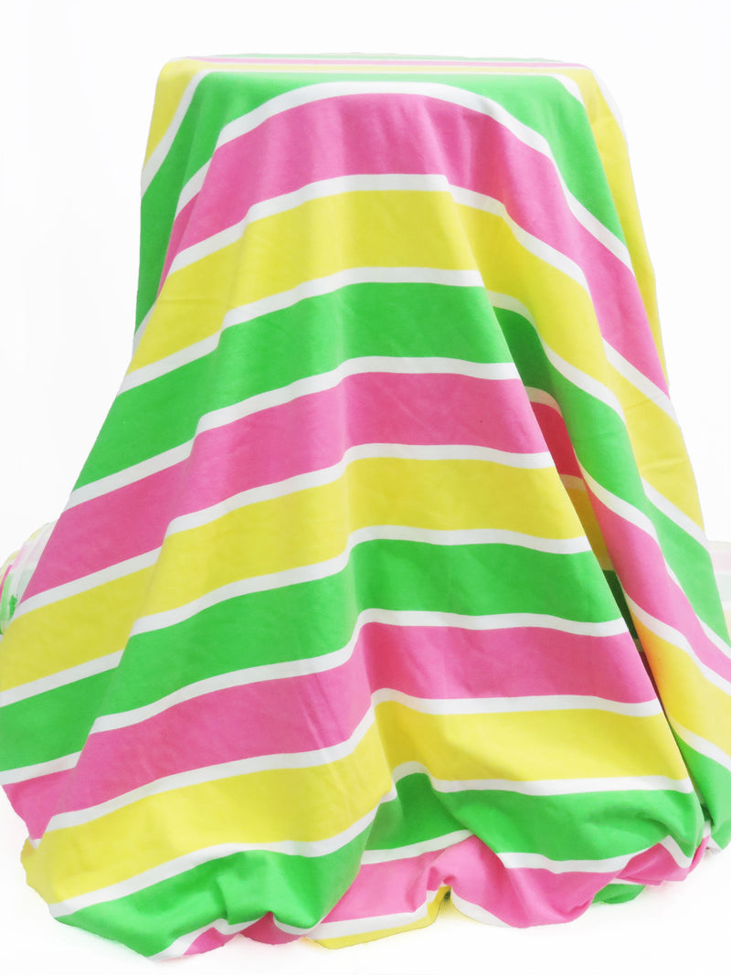 Lemon/Kelly Green/Raspberry Pink/White Cotton/Lycra /Horizontal Stripe Print Jersey Knit 60W