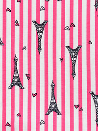 Strawberry Pink/White/Black Cotton/Lycra Eiffel Tower Over Vertical Stripe Print Jersey Knit 68W