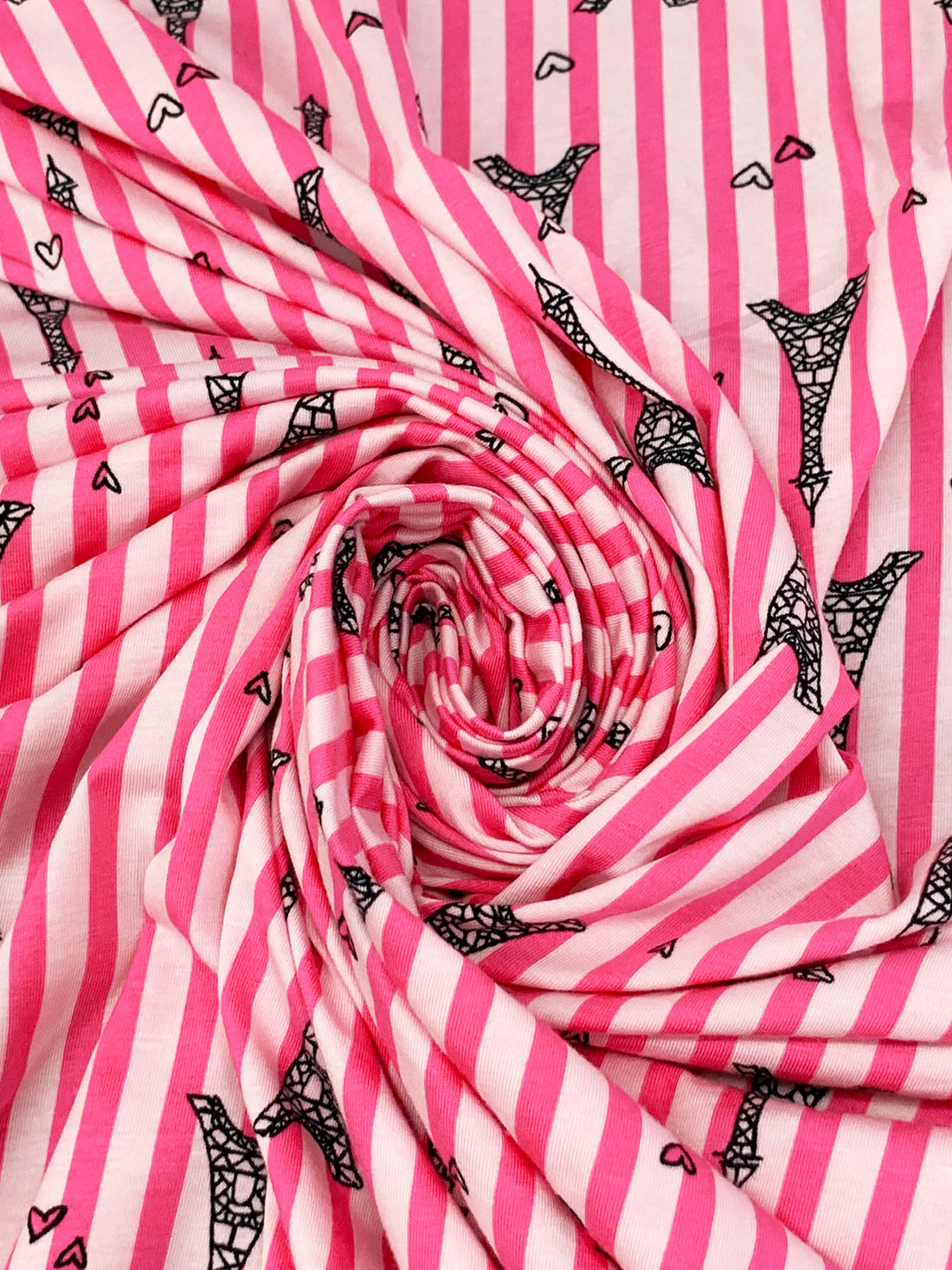 Strawberry Pink/White/Black Cotton/Lycra Eiffel Tower Over Vertical Stripe Print Jersey Knit 68W