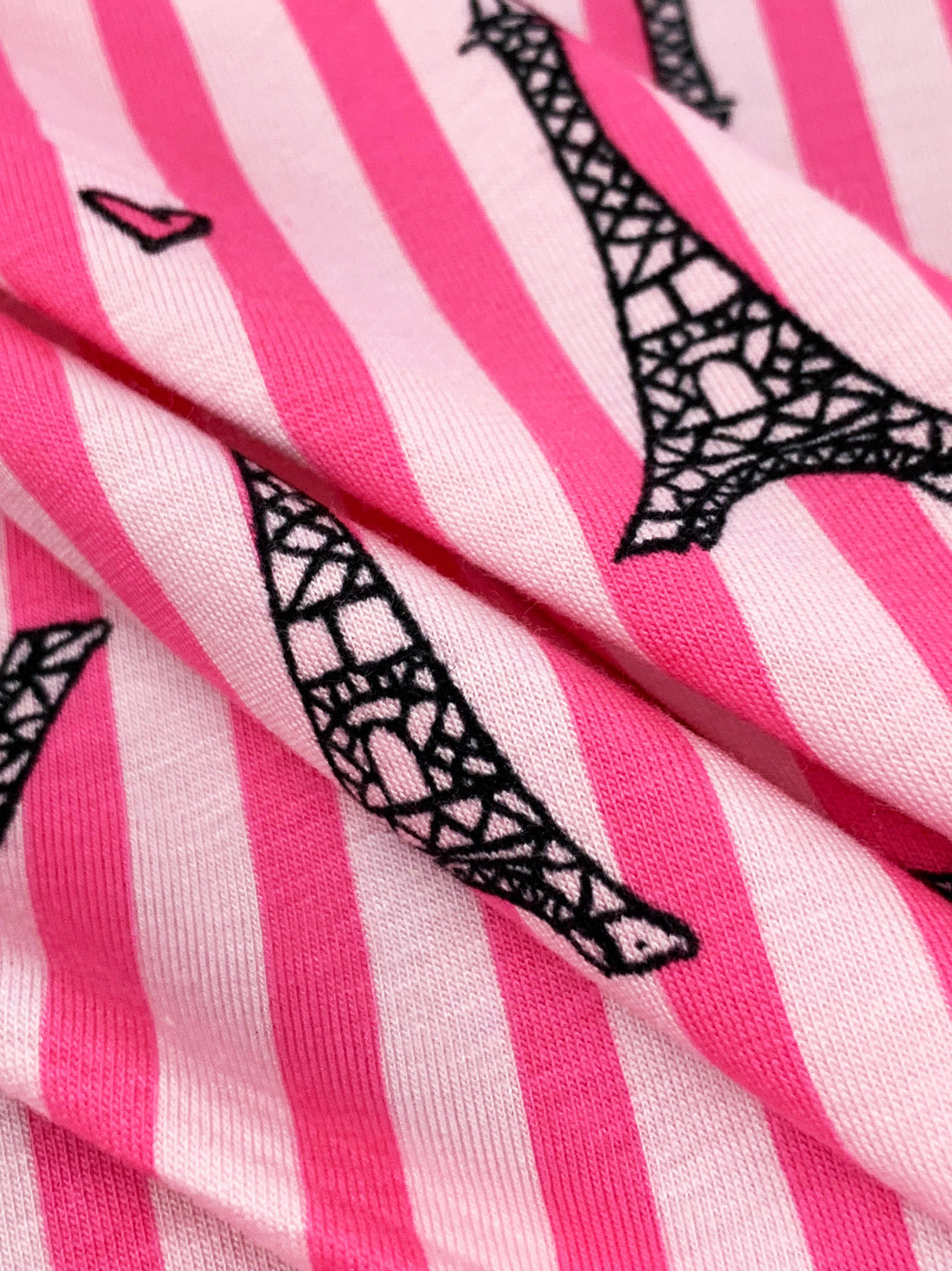 Strawberry Pink/White/Black Cotton/Lycra Eiffel Tower Over Vertical Stripe Print Jersey Knit 68W
