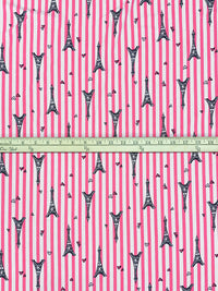 Strawberry Pink/White/Black Cotton/Lycra Eiffel Tower Over Vertical Stripe Print Jersey Knit 68W