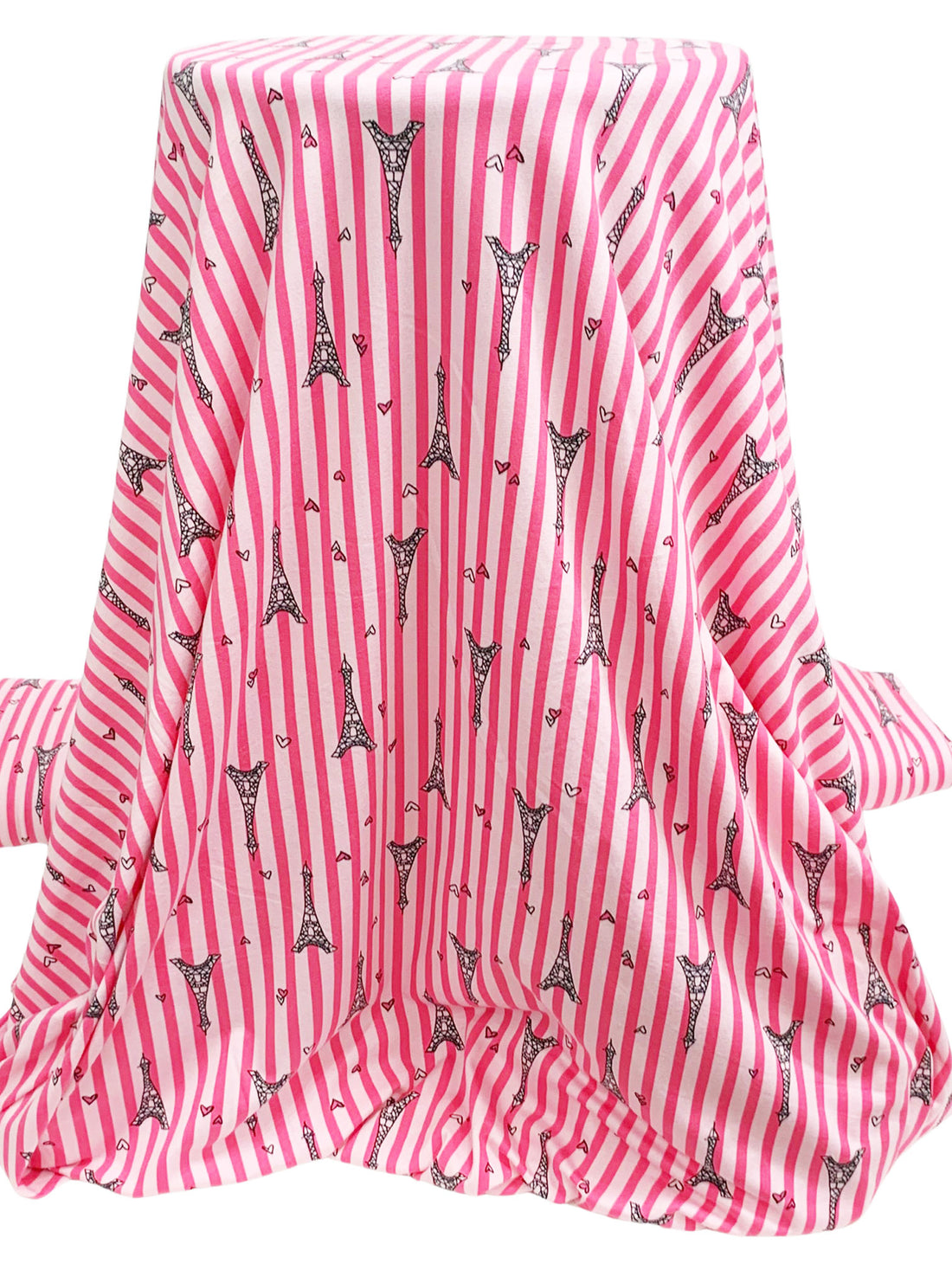 Strawberry Pink/White/Black Cotton/Lycra Eiffel Tower Over Vertical Stripe Print Jersey Knit 68W