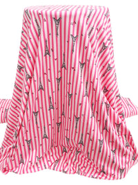 Strawberry Pink/White/Black Cotton/Lycra Eiffel Tower Over Vertical Stripe Print Jersey Knit 68W