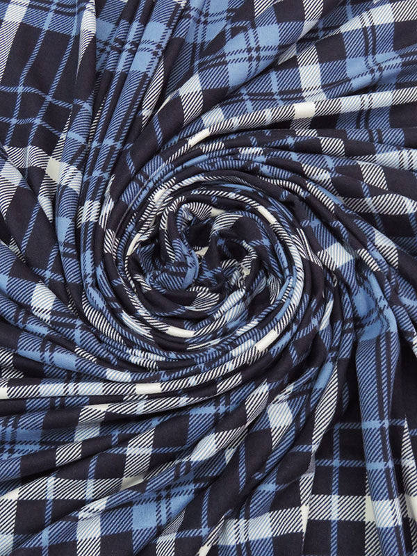 Dark Cornflower Blue/Navy/White Polyester/Lycra Plaid Print Double Brushed Knit 56W