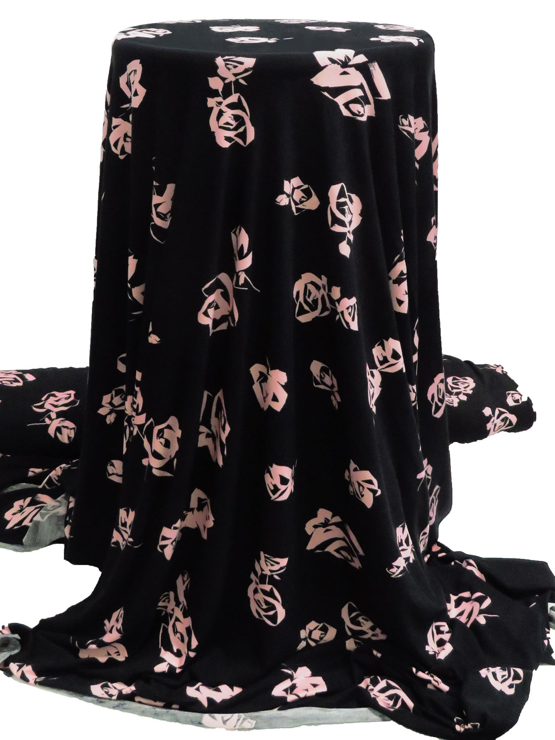 Pastel Pink/Deep Black Rayon/Lycra Drawn Floral Print Jersey Knit 65W