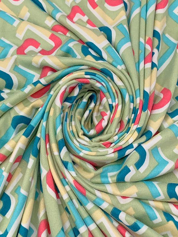 Sage/Sea Blue/Carmine Pink Polyester/Lycra Abstract Geometric Print Double Brushed Knit 56W