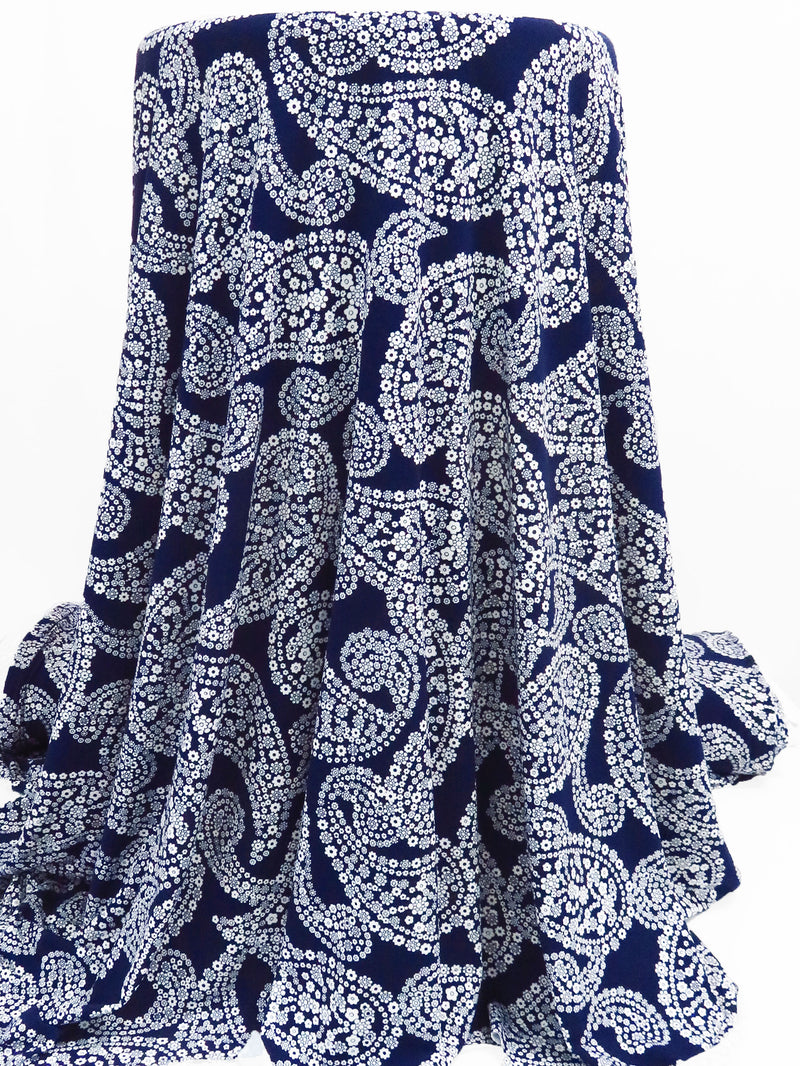 Midnight Navy/White Polyester/Lycra Floral Paisley Print ITY Knit - NY Designer - 58W