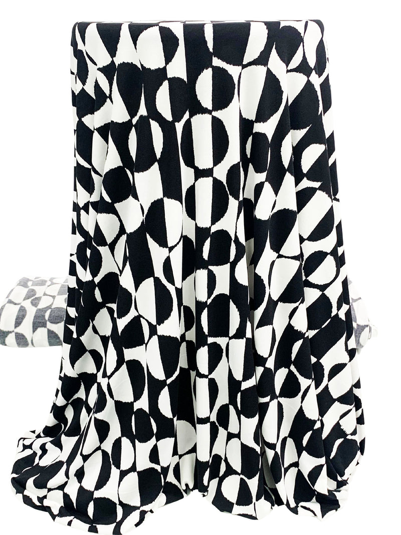 White/Black Polyester/Lycra Vertical Striped Irregular Circles Print ITY Knit - NY Designer - 56W