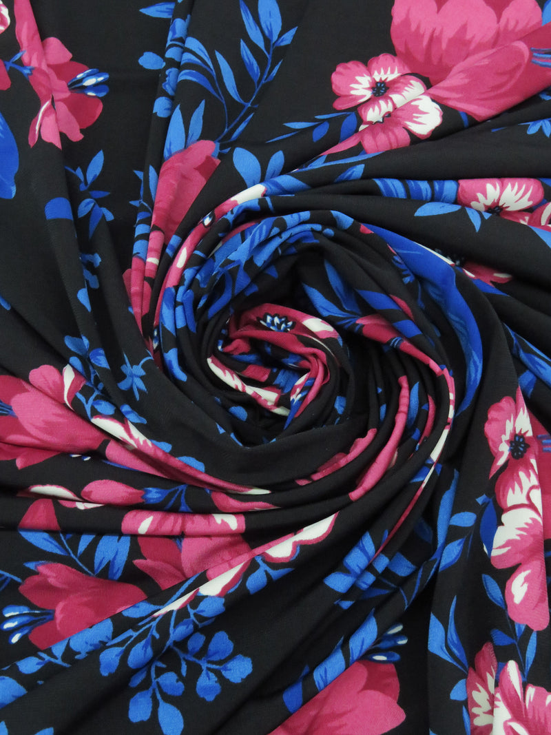Raspberry Pink/Dark Lapis Blue/Black/Multi Polyester/Lycra Floral Print ITY Knit - NY Designer - 58W
