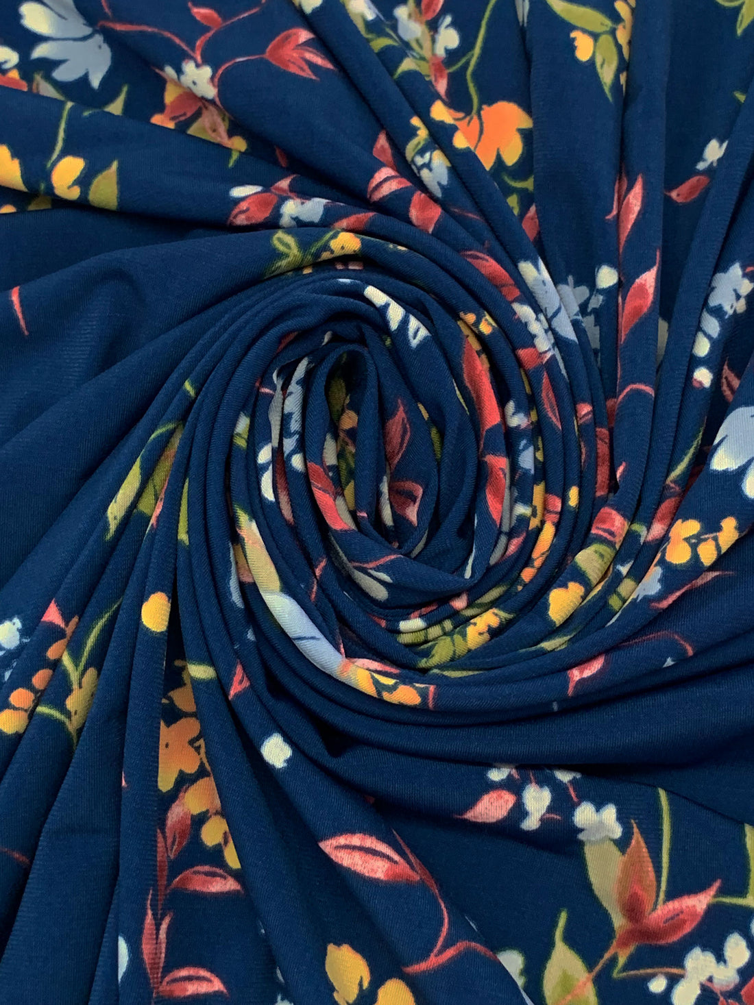 Dark Lapis Blue/Mellow Apricot/Berry Red/Multi Polyester/Lycra Floral Print ITY Knit - NY Designer - 58W