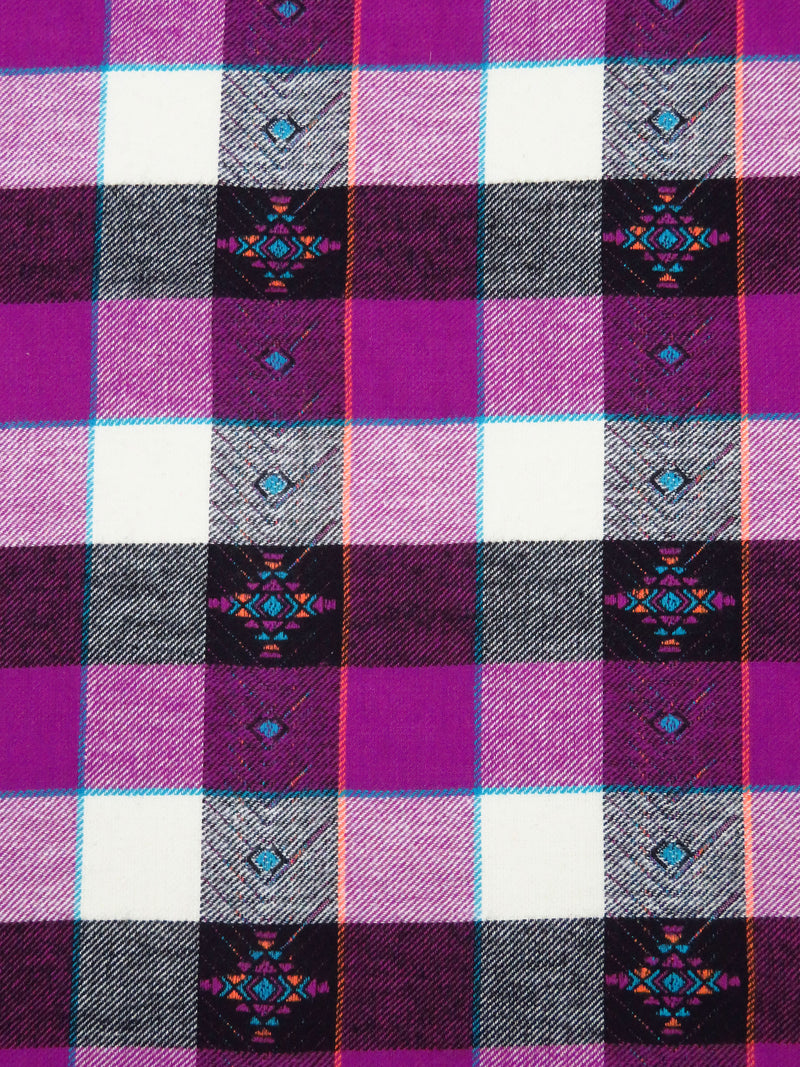 Rich Purple/Tangerine/Off-White/Multi 100% Cotton Plaid Tribal Weave Yarn-Dyed Flannel Shirting 51W