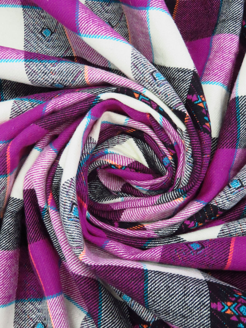 Rich Purple/Tangerine/Off-White/Multi 100% Cotton Plaid Tribal Weave Yarn-Dyed Flannel Shirting 51W