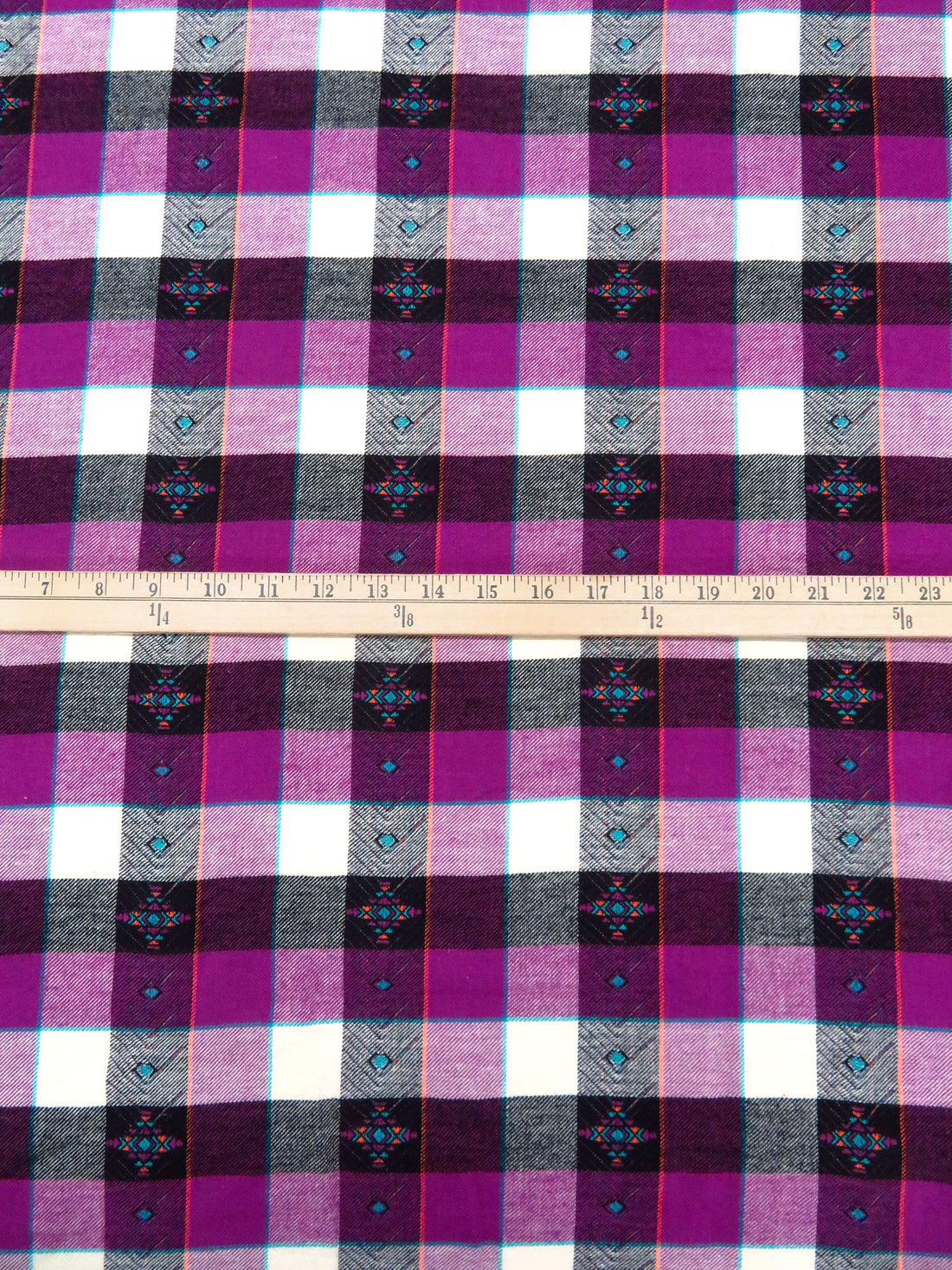 Rich Purple/Tangerine/Off-White/Multi 100% Cotton Plaid Tribal Weave Yarn-Dyed Flannel Shirting 51W