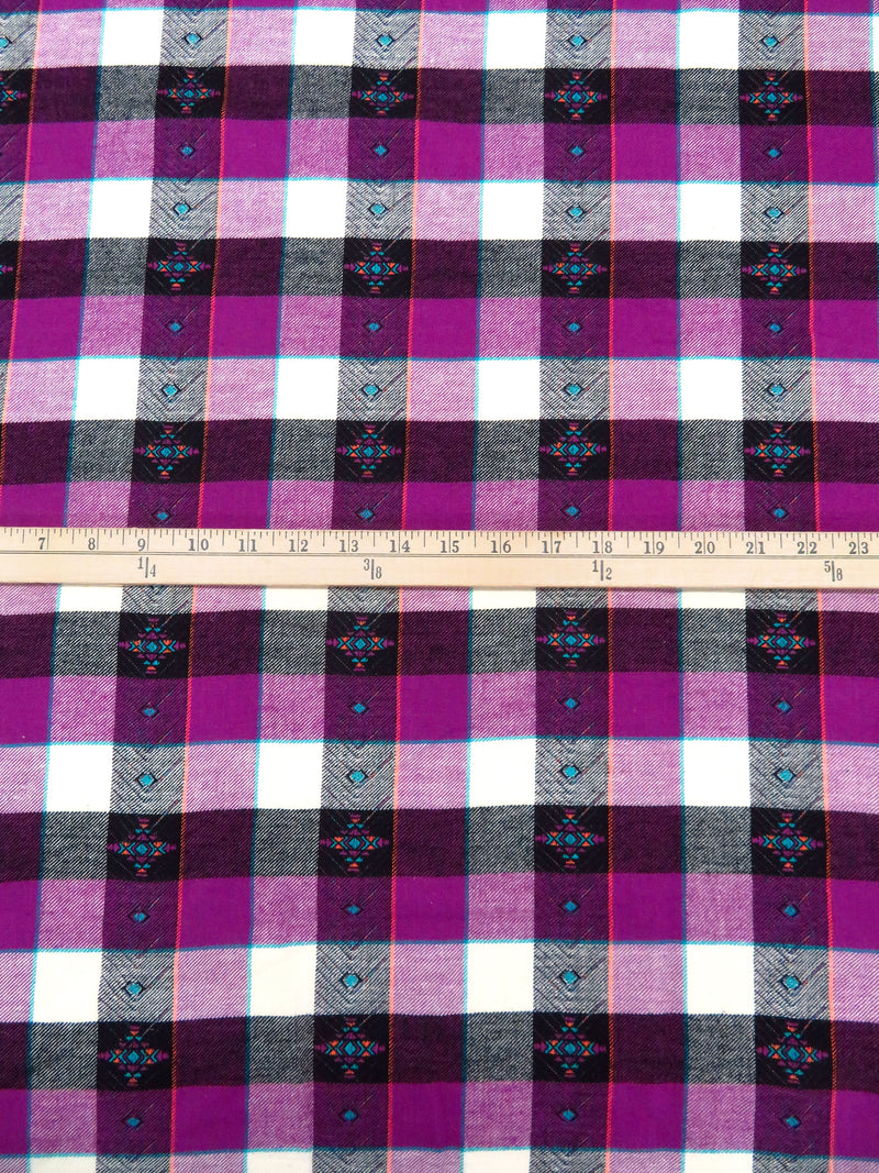 Rich Purple/Tangerine/Off-White/Multi 100% Cotton Plaid Tribal Weave Yarn-Dyed Flannel Shirting 51W