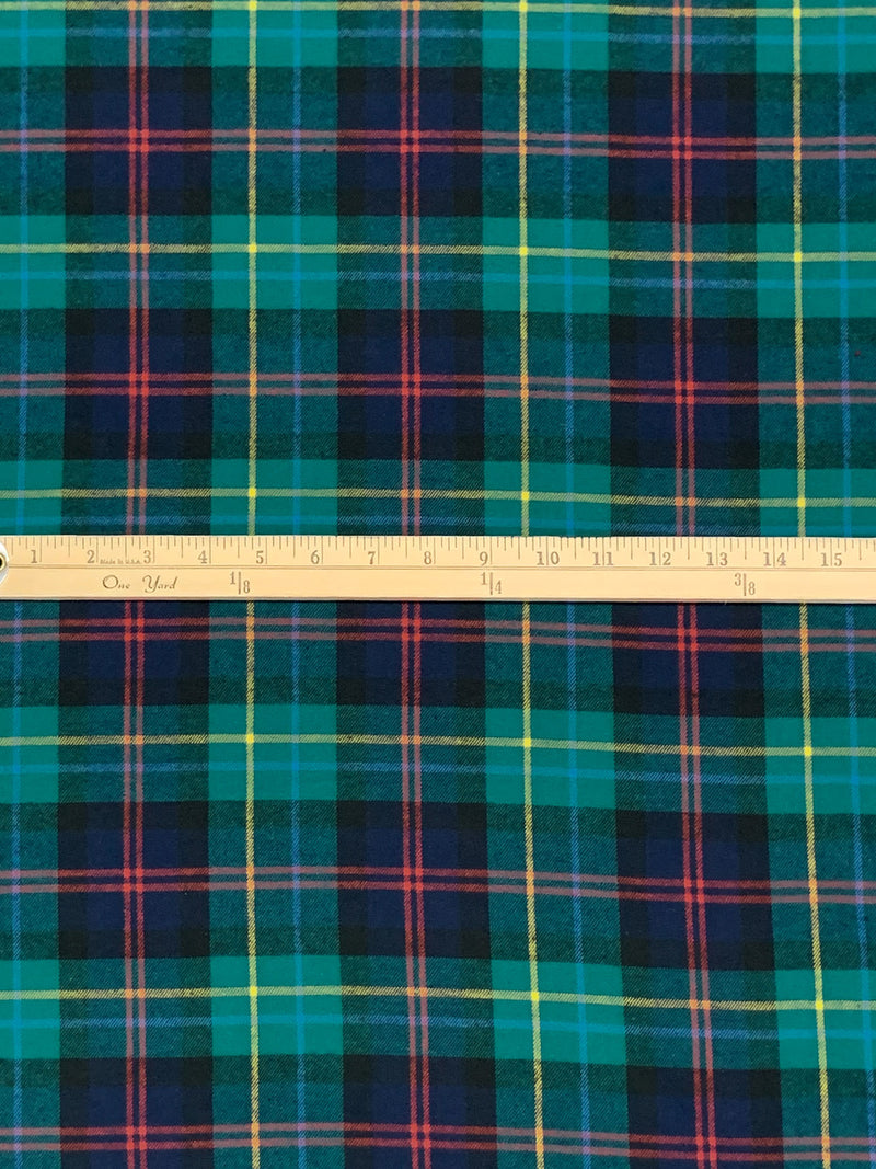 Teal Green/Maize/Coral Red/Navy 100% Cotton Plaid Weave Yarn-Dyed Flannel Shirting 62W