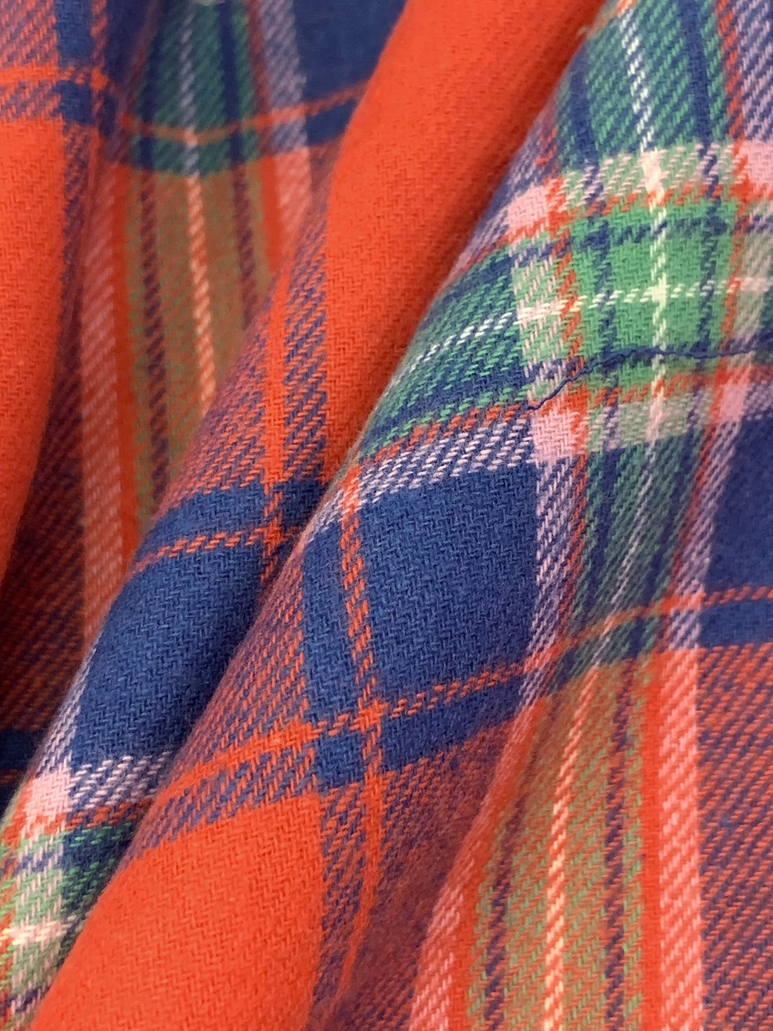 Sunset Orange/Dark Cerulean/White 100% Cotton Plaid Weave Yarn-Dyed Flannel Shirting 58W