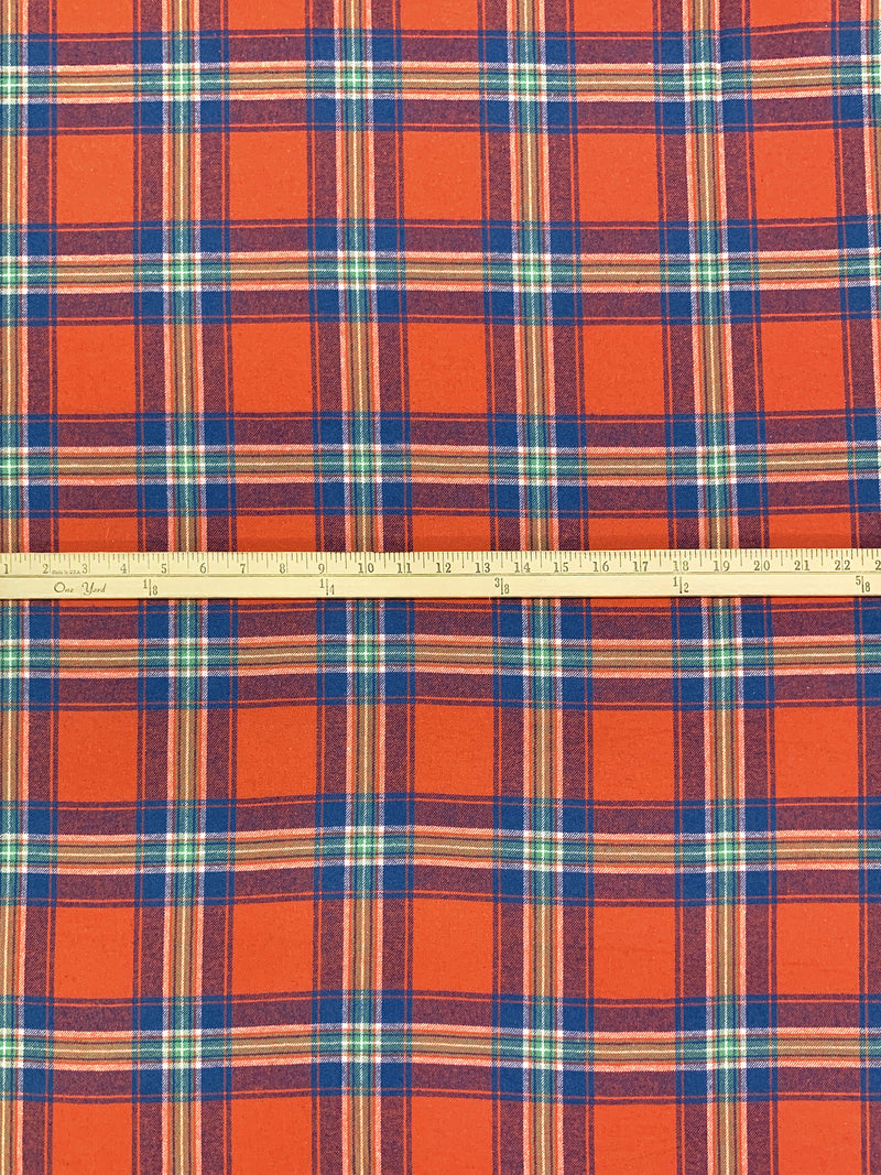 Sunset Orange/Dark Cerulean/White 100% Cotton Plaid Weave Yarn-Dyed Flannel Shirting 58W