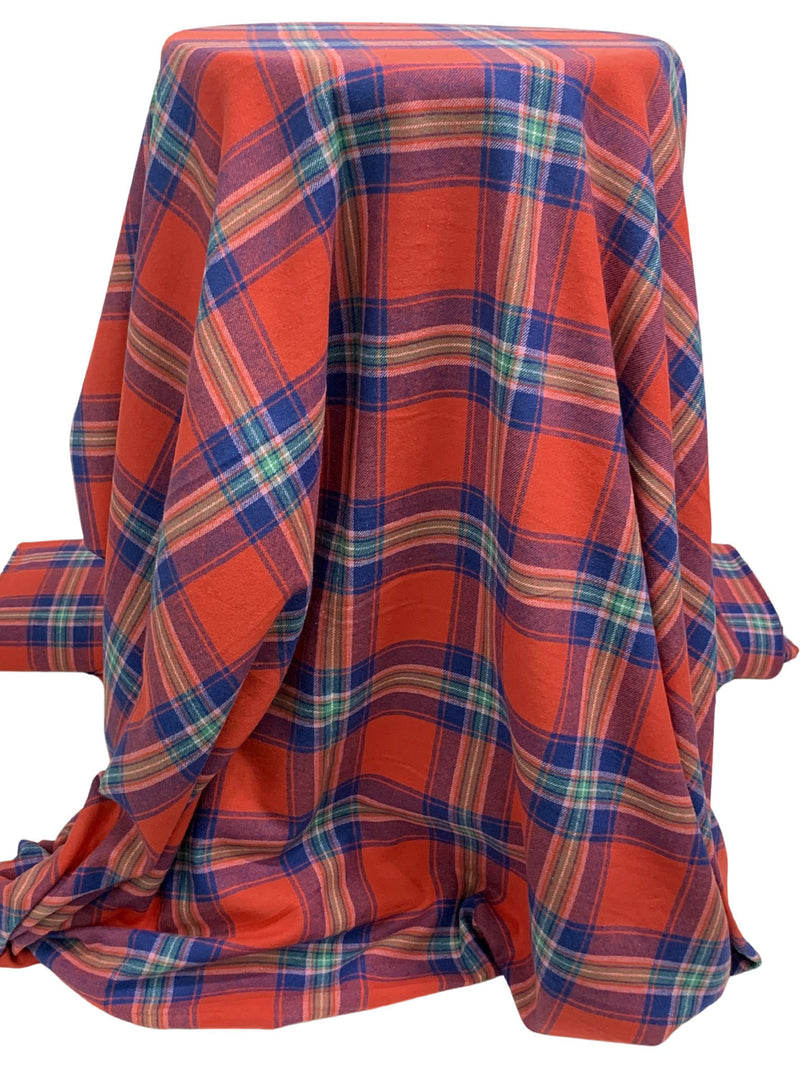 Sunset Orange/Dark Cerulean/White 100% Cotton Plaid Weave Yarn-Dyed Flannel Shirting 58W