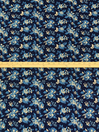 Dark Navy/Antique Ivory/Shadow Blue Cotton/Lycra Floral Print Poplin Shirting 55W