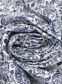 White/Dark Navy/Muted Cornflower Blue 100% Cotton Ornate Paisley Print Poplin Shirting 57W